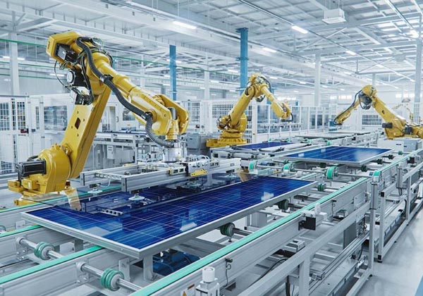Large Production Line with Industrial Robot Arms at Modern Brigh